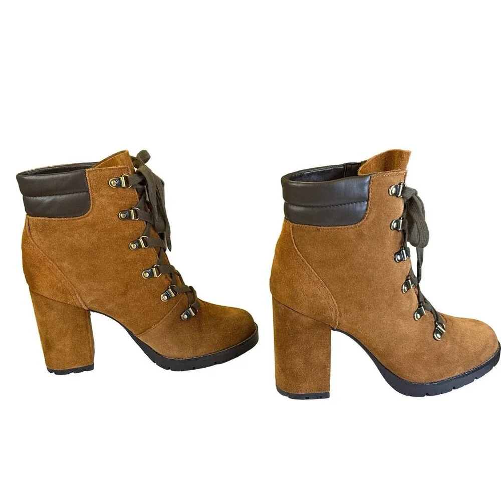 Sam Edelman Caroleena Lace Up Eyelets Block Heel Booties 8M Brown Suede Leather